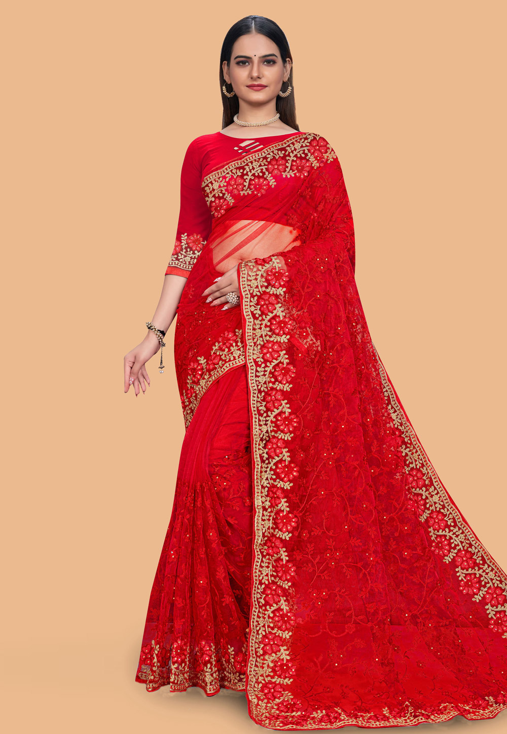 Red Net Saree With Blouse 254693