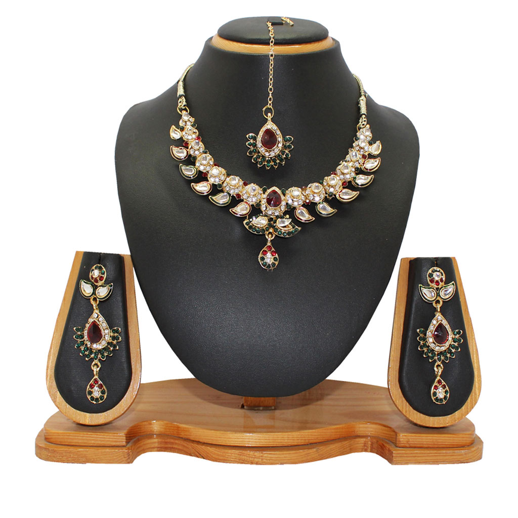 Maroon Alloy Austrian Diamonds Necklace With Earrings and Maang Tikka 64334