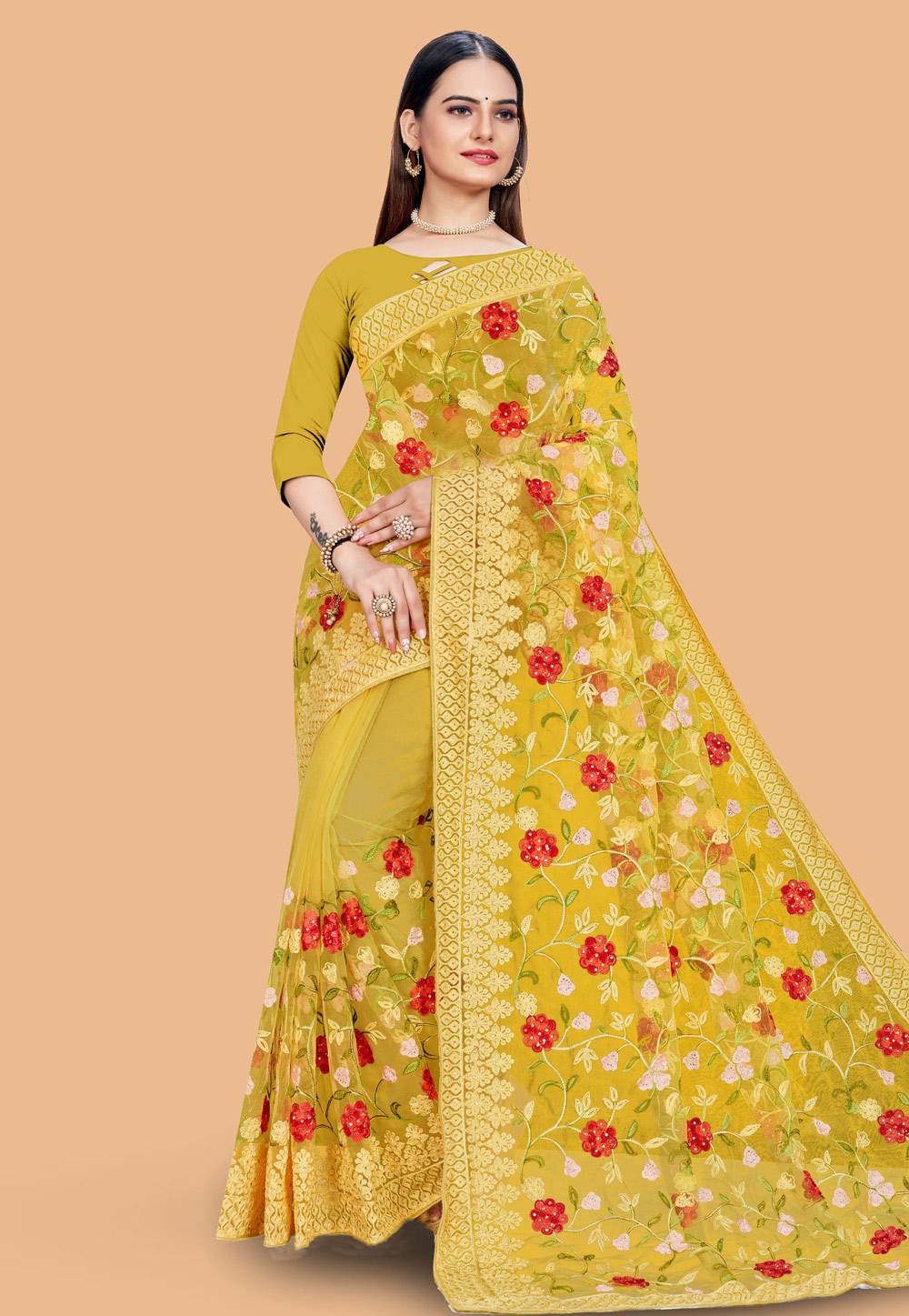 Yellow Net Saree With Blouse 254694