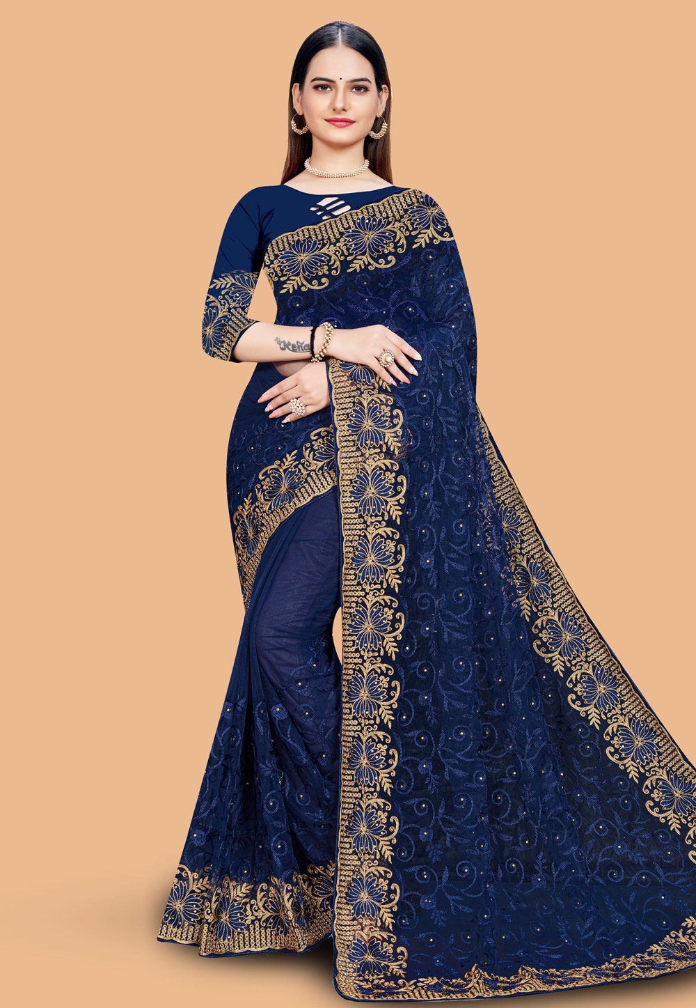 Navy Blue Net Saree With Blouse 254695