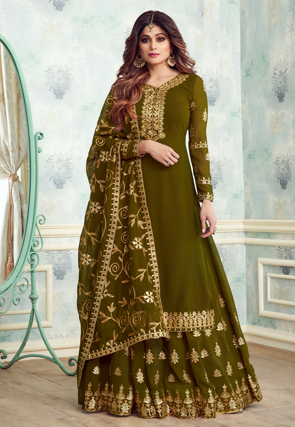 Shamita Shetty Green Georgette Embroidered Long Choli Lehenga 166775