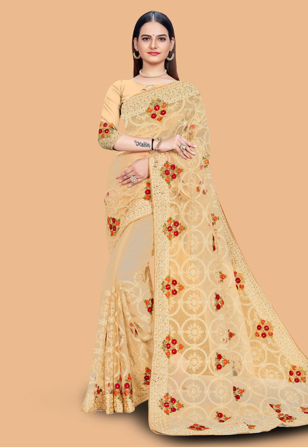 Beige Net Saree With Blouse 254697