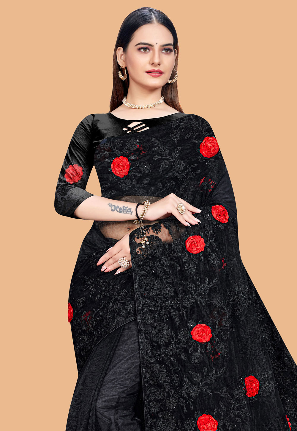 Black Net Saree With Blouse 254668