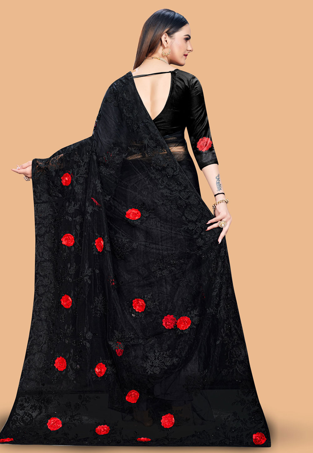 Black Net Saree With Blouse 254668