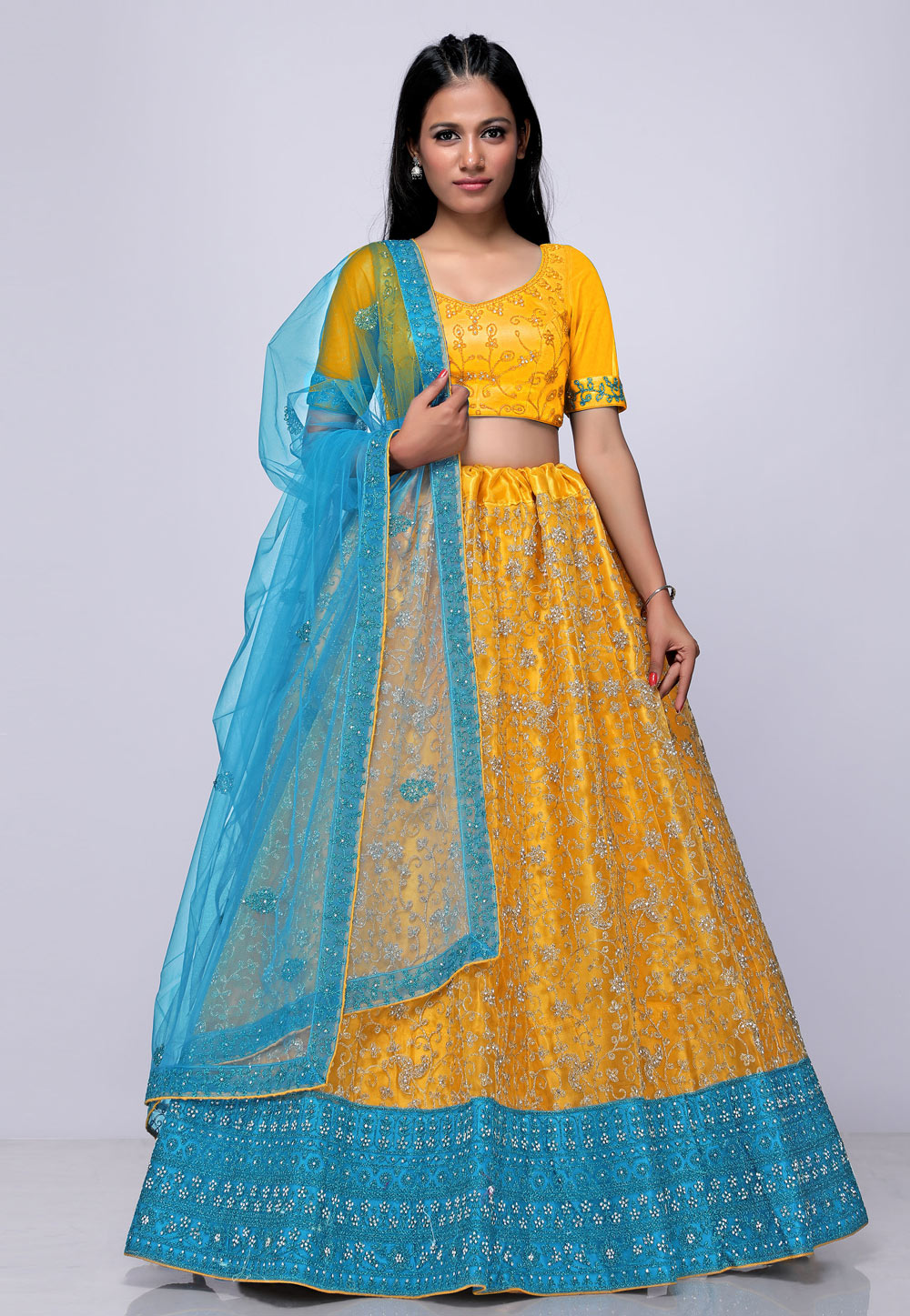 Buy Blue Lehenga Banarasi Chinon Printed And Embroidered Ogee Blouse Set  For Women by Alaya Advani Online at Aza Fashions.