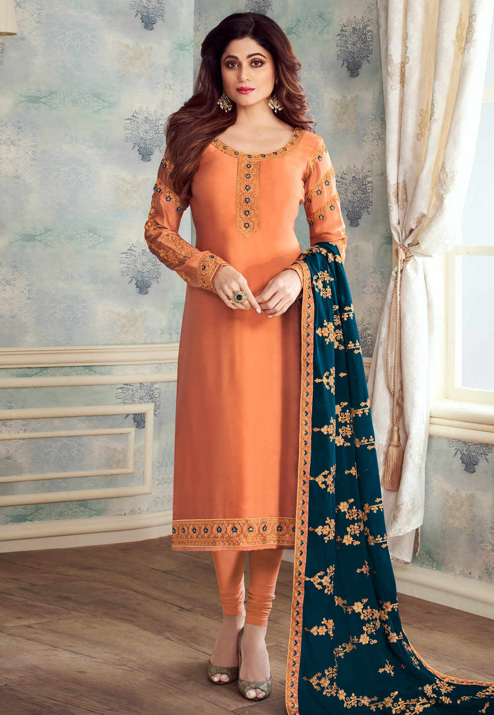 Shamita Shetty Orange Satin Embroidered Churidar Suit 175149