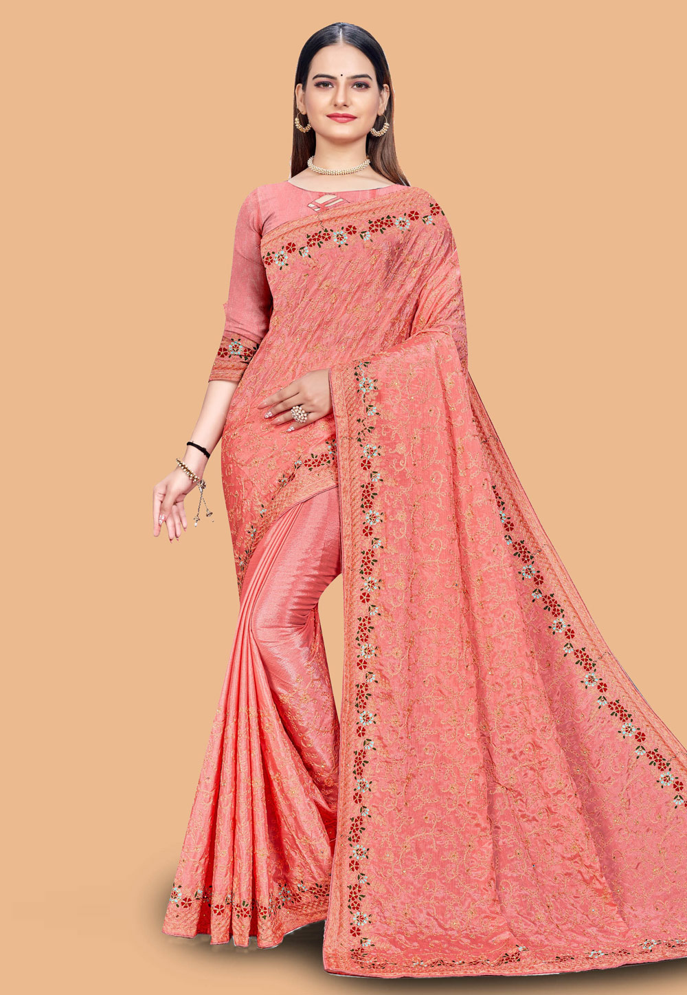 Peach Chinon Saree With Blouse 254689