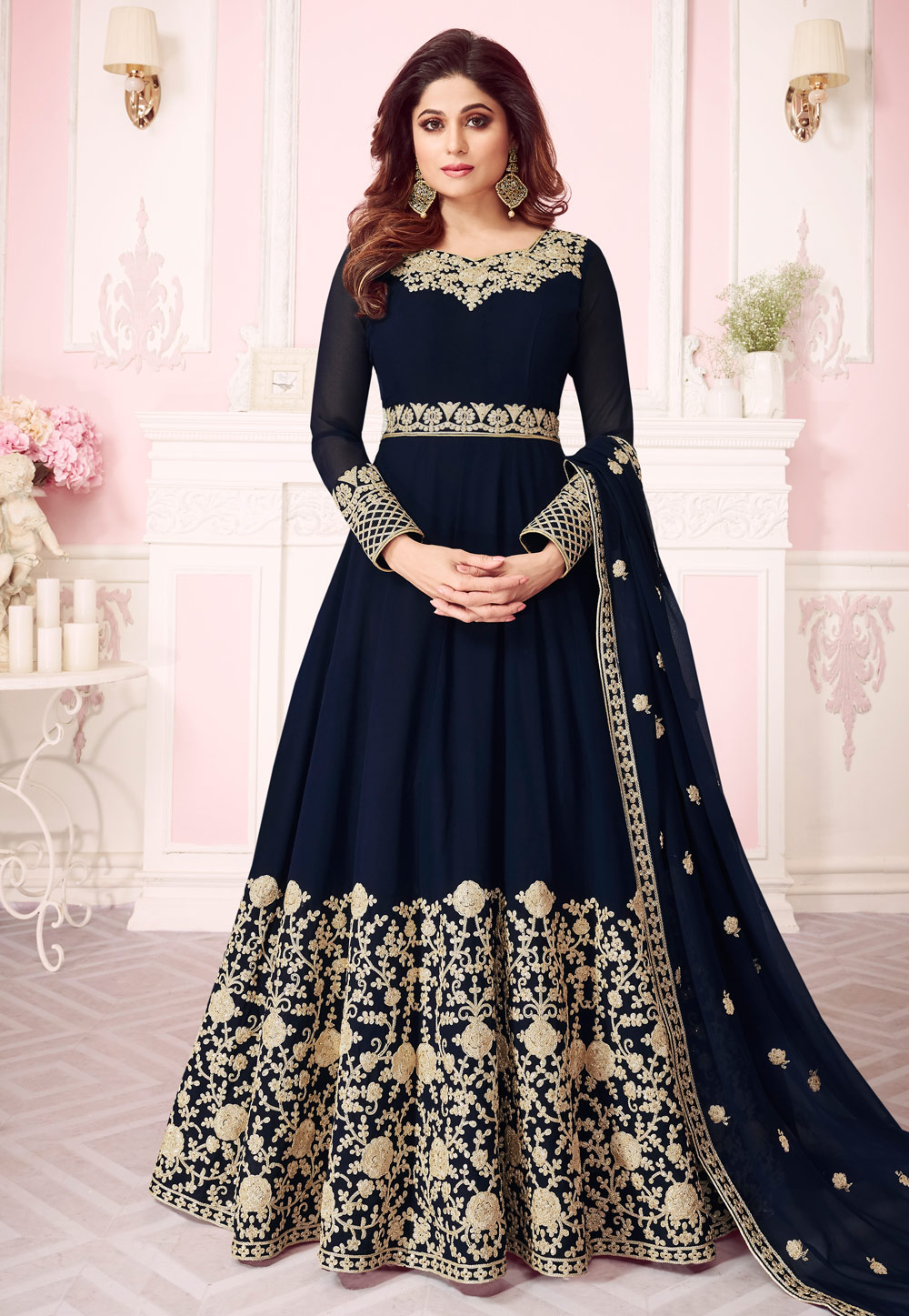Shamita Shetty Navy Blue Georgette Embroidered Long Anarkali Suit 167071