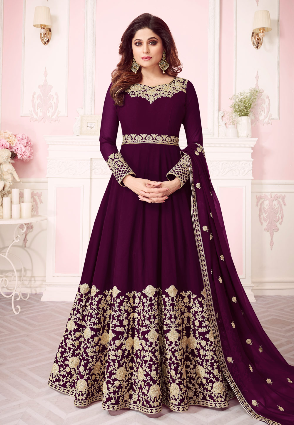 Shamita Shetty Purple Georgette Embroidered Bollywood Anarkali Suit 167072