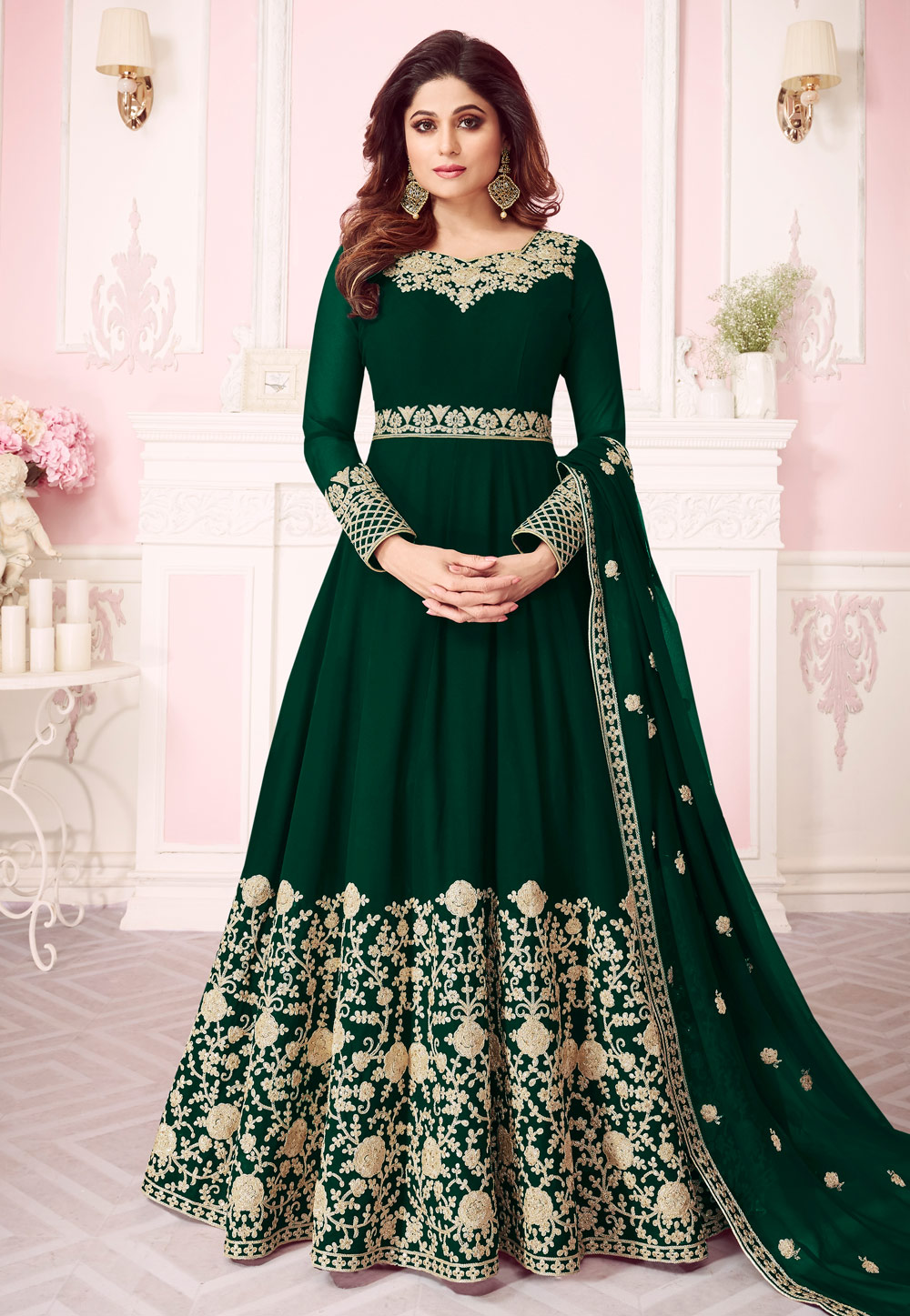 Shamita Shetty Green Georgette Embroidered Long Anarkali Suit 167073