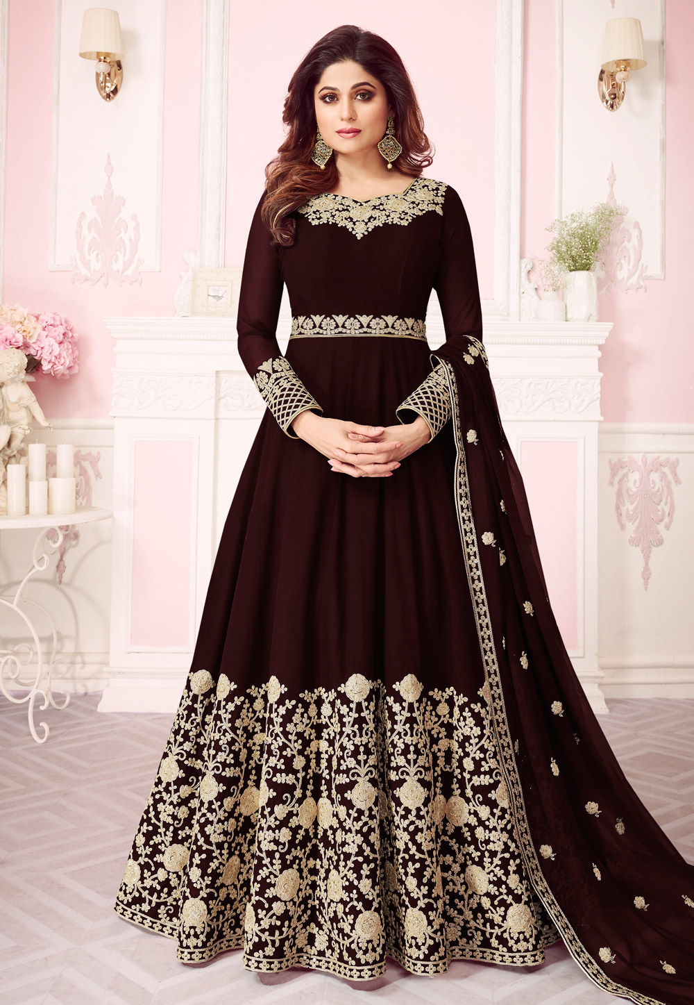 Shamita Shetty Brown Georgette Embroidered Abaya Style Anarkali Suit 167074