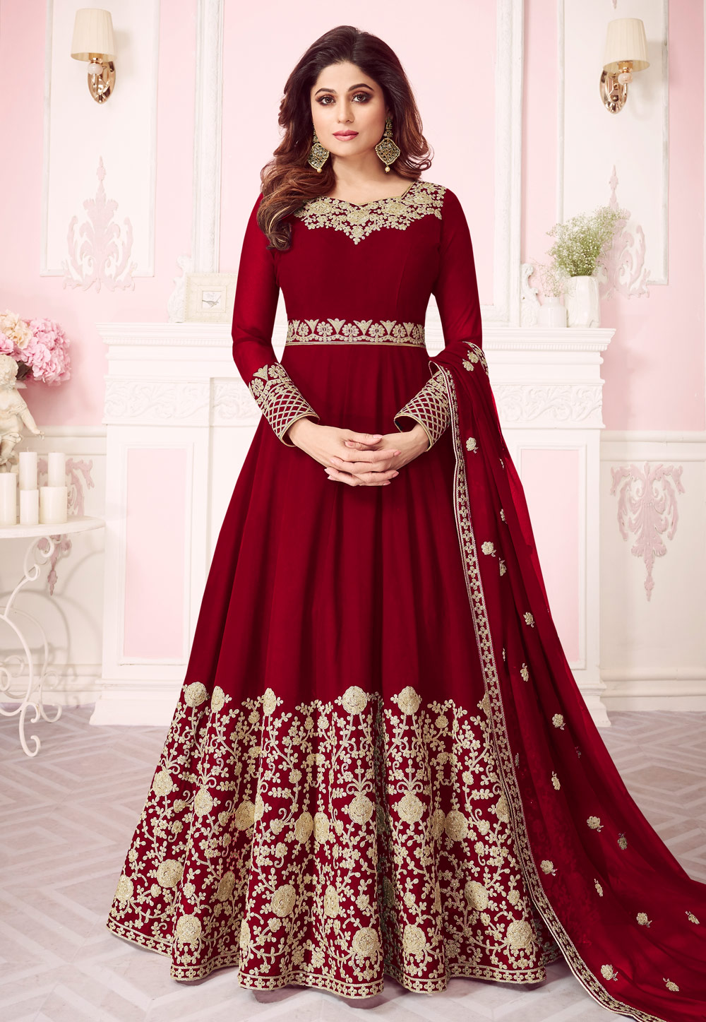 Shamita Shetty Maroon Georgette Embroidered Long Anarkali Suit 167075