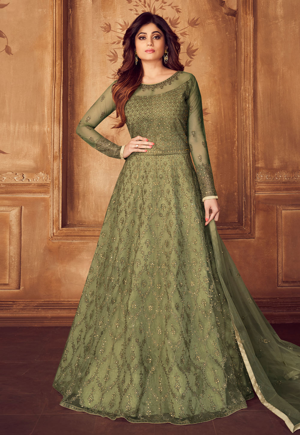 Shamita Shetty Green Net Embroidered Floor Length Anarkali Suit 182454