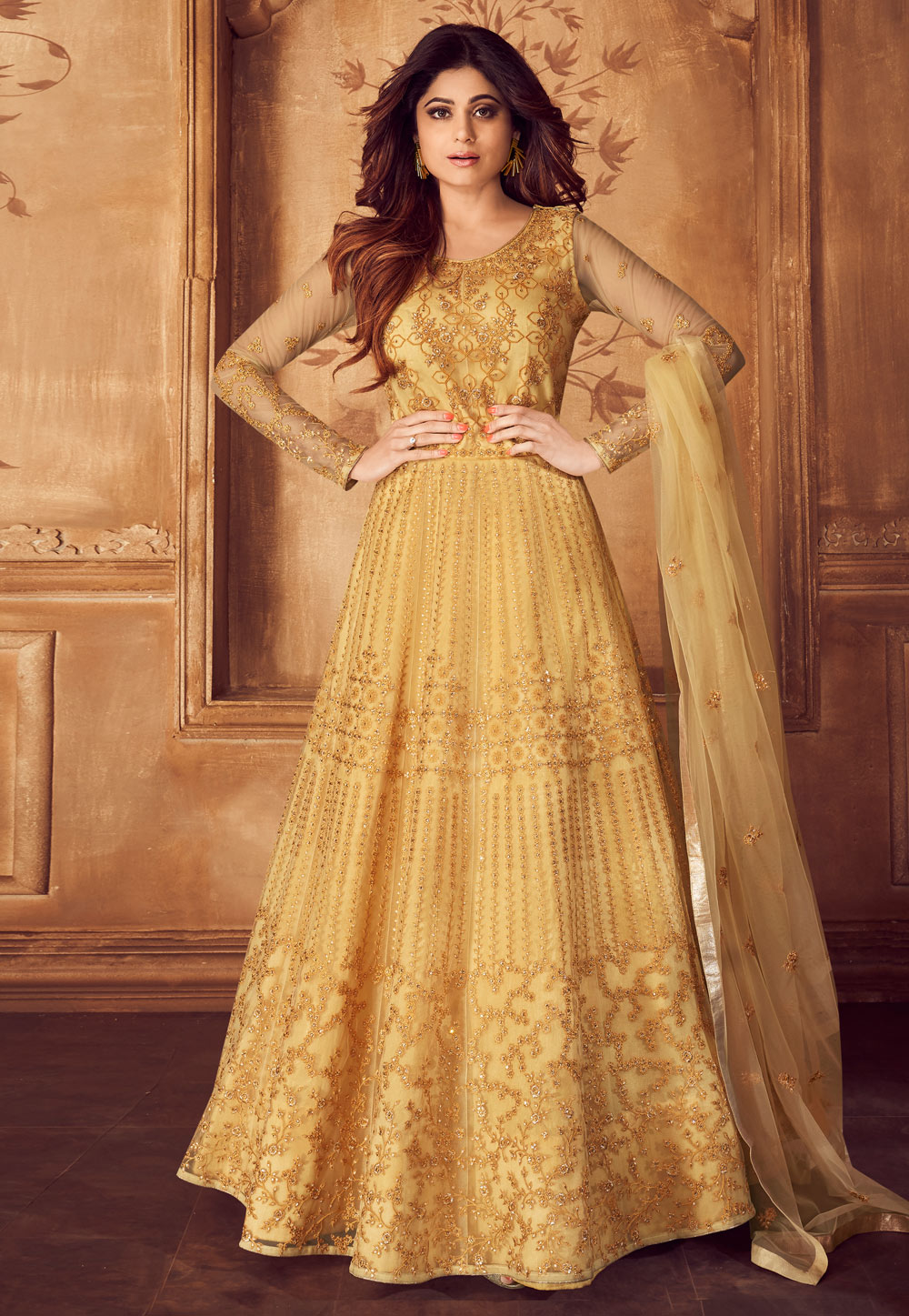 Shamita Shetty Yellow Net Embroidered Long Anarkali Suit 182455