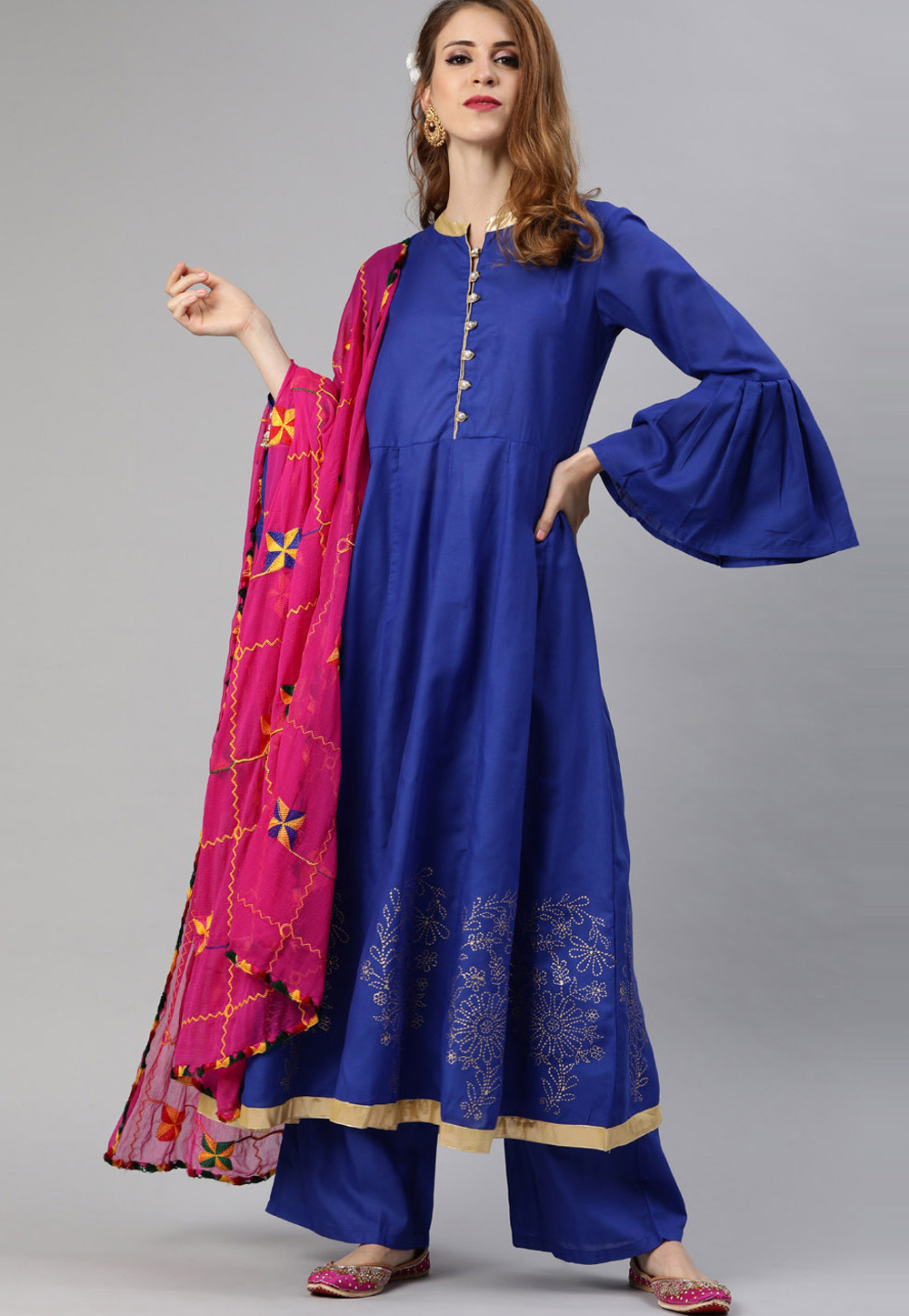 Blue Cotton Readymade Kameez With Palazzo 200058
