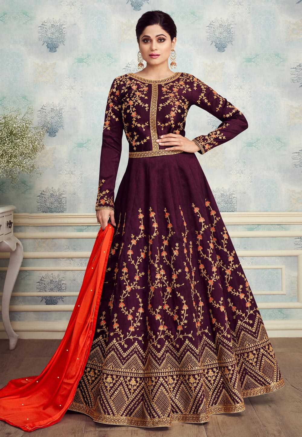 Shamita Shetty Purple Silk Embroidered Floor Length Anarkali Suit 181912