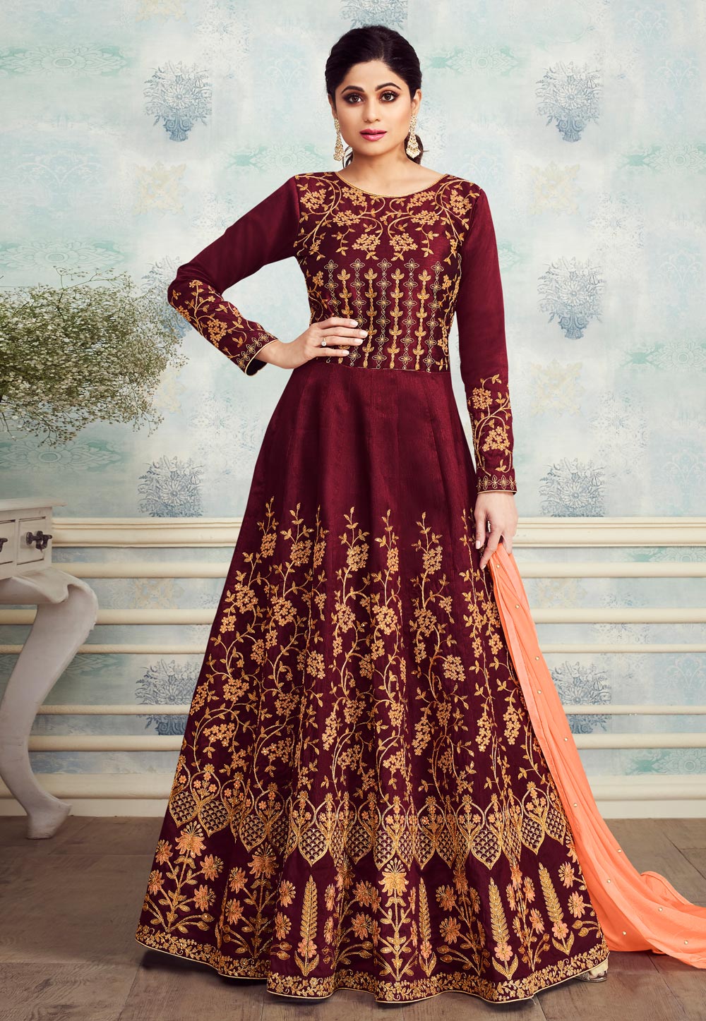 Shamita Shetty Maroon Silk Embroidered Abaya Style Anarkali Suit 181914
