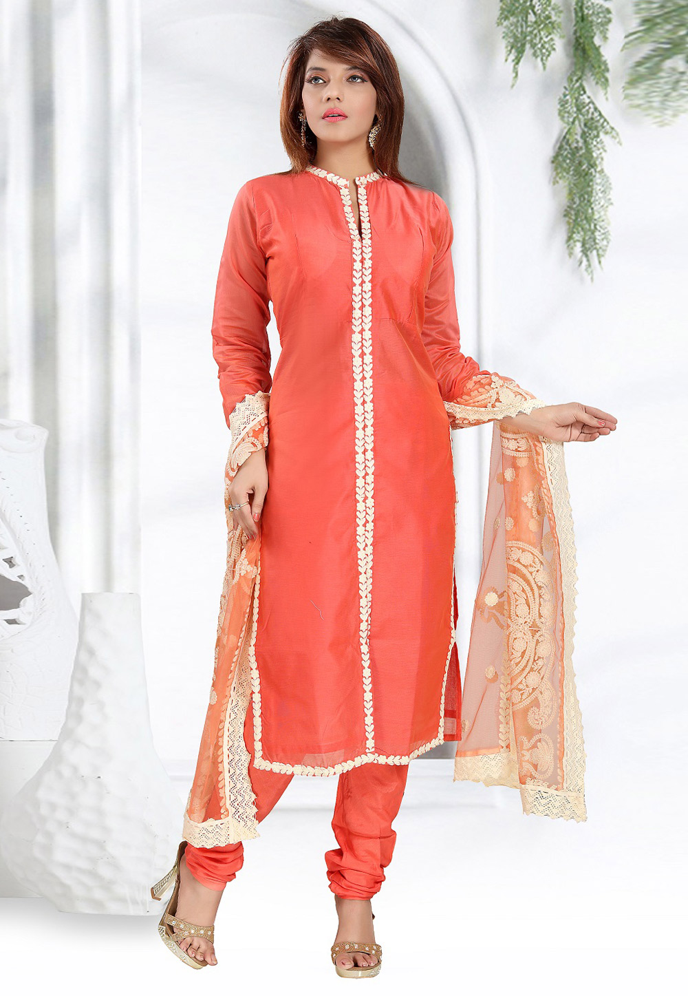 Orange Chanderi Silk Readymade Churidar Suit 156010