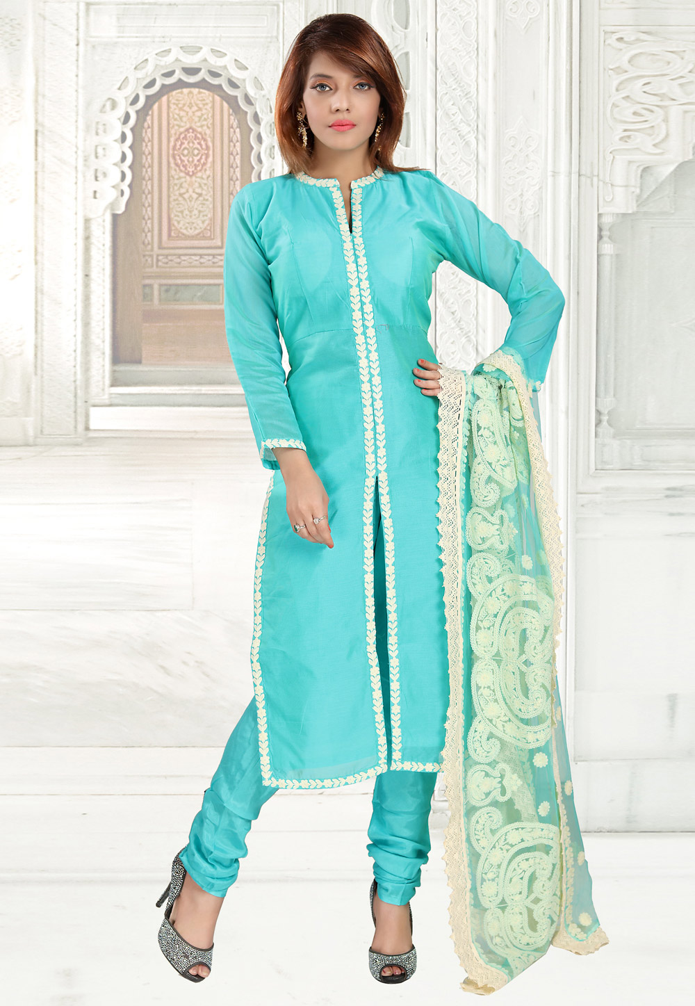 Aqua Chanderi Silk Readymade Churidar Suit 156012