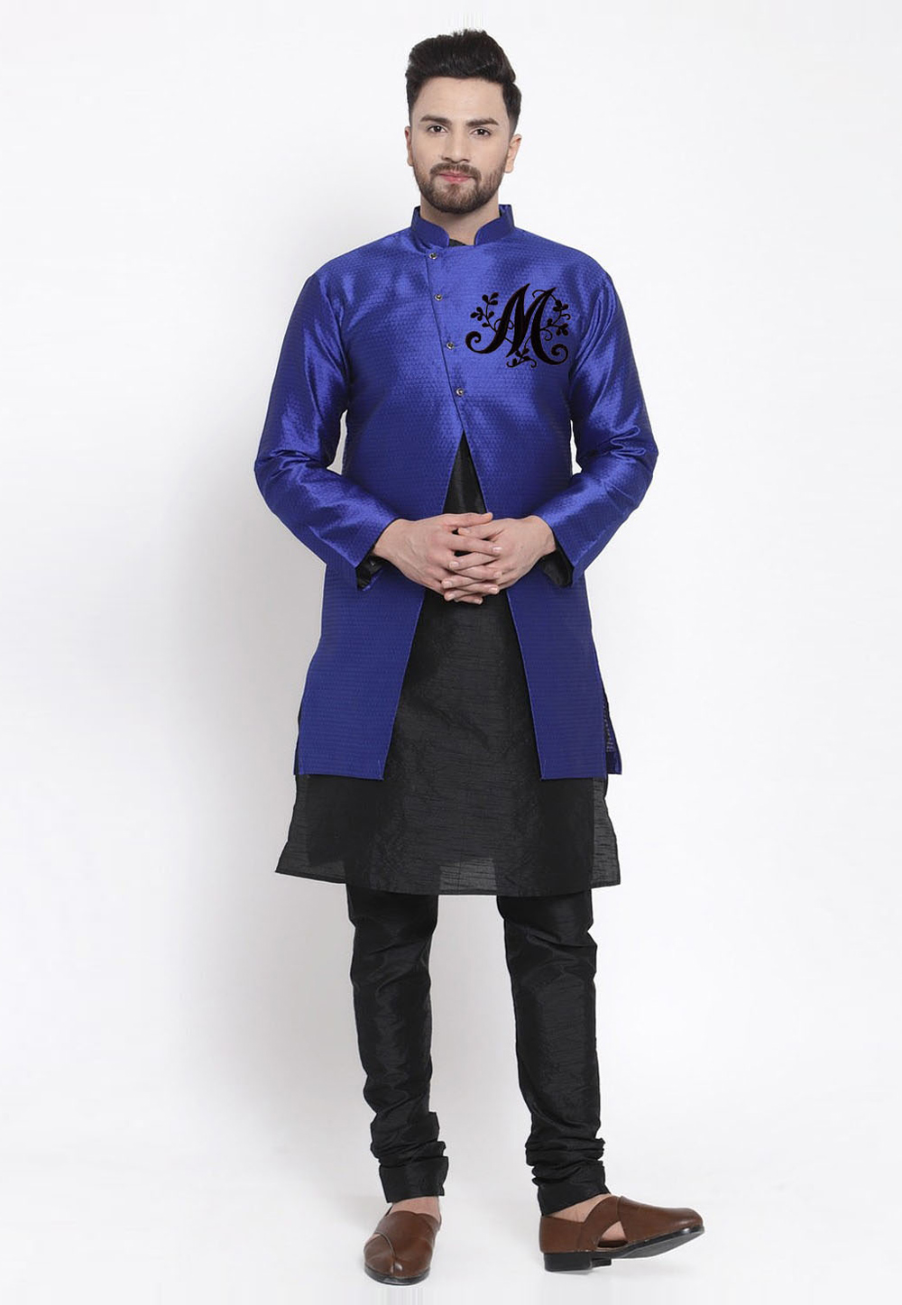 Black Dupion Silk Kurta Pajama With Jacket 276212