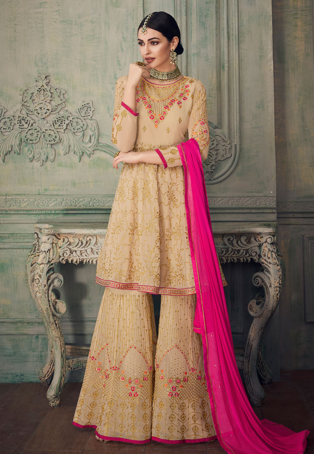 Beige Georgette Embroidered Sharara Suit 179431