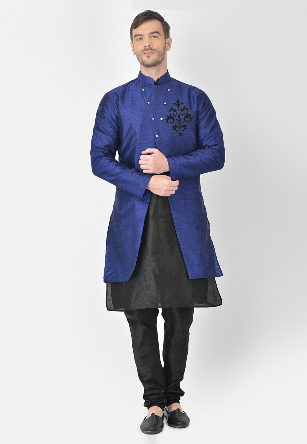 Black Dupion Silk Kurta Pajama With Jacket 276215