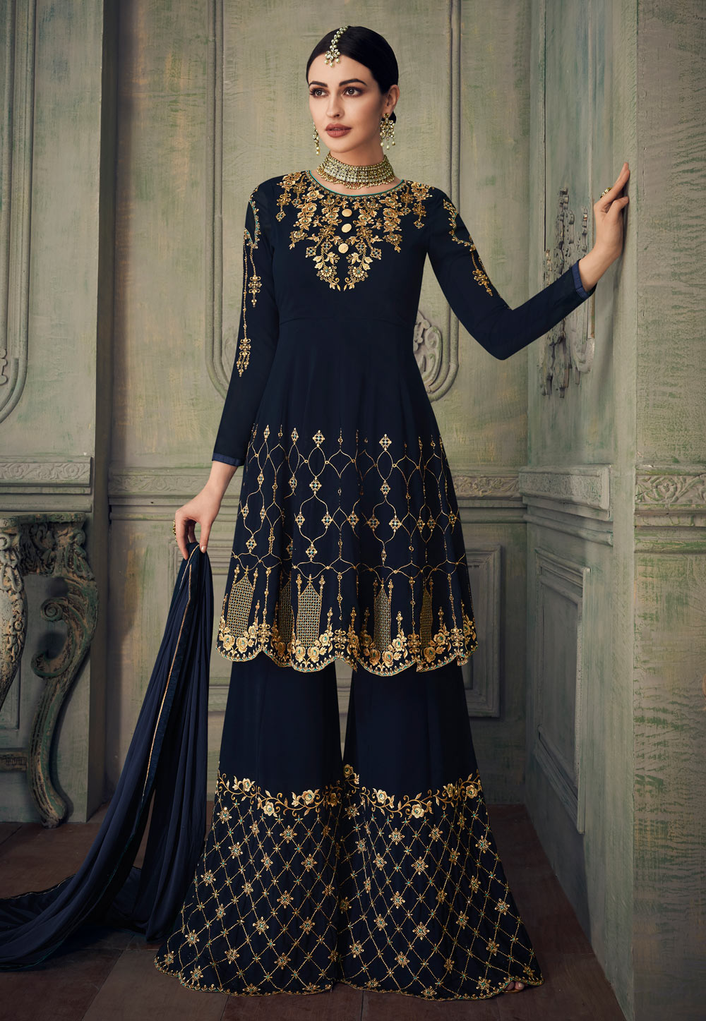 Navy Blue Georgette Embroidered Sharara Suit 179432
