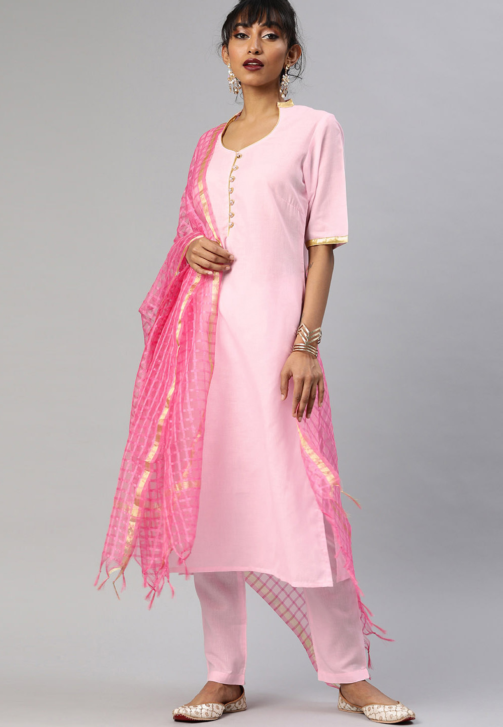 Light Pink Cotton Readymade Kameez With Palazzo 200060