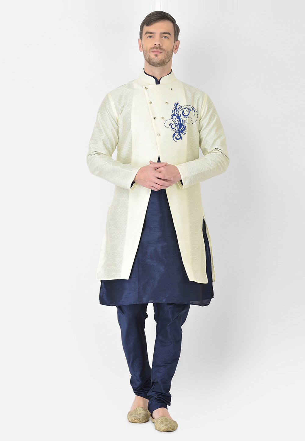 Navy Blue Dupion Silk Kurta Pajama With Jacket 276218