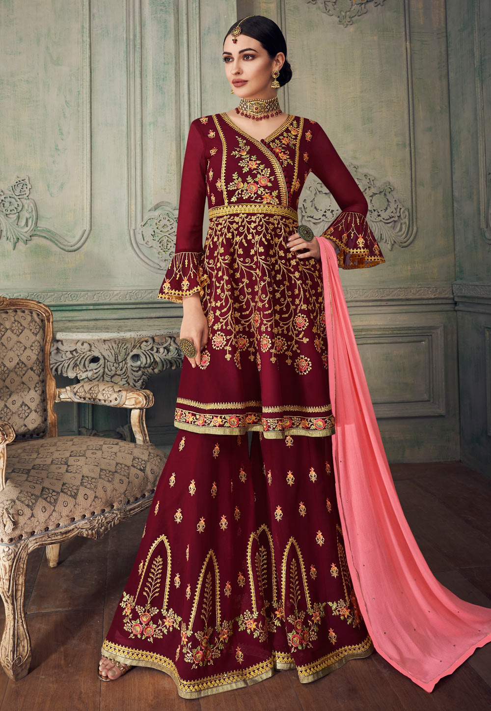 Maroon Georgette Embroidered Sharara Suit 179435