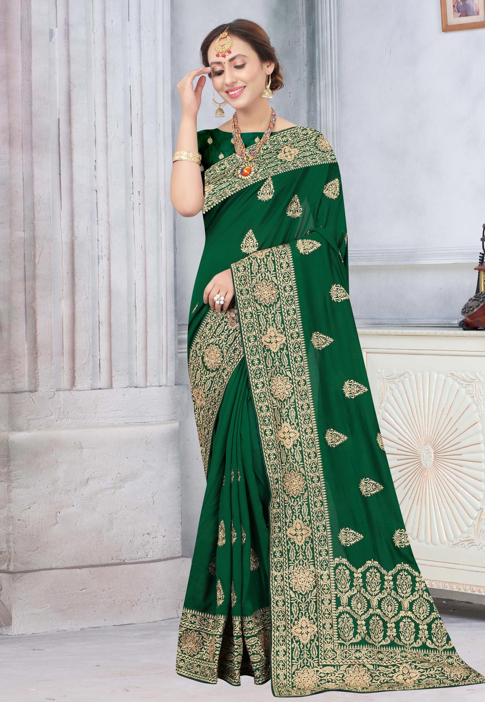 Green Silk Saree With Blouse 219324