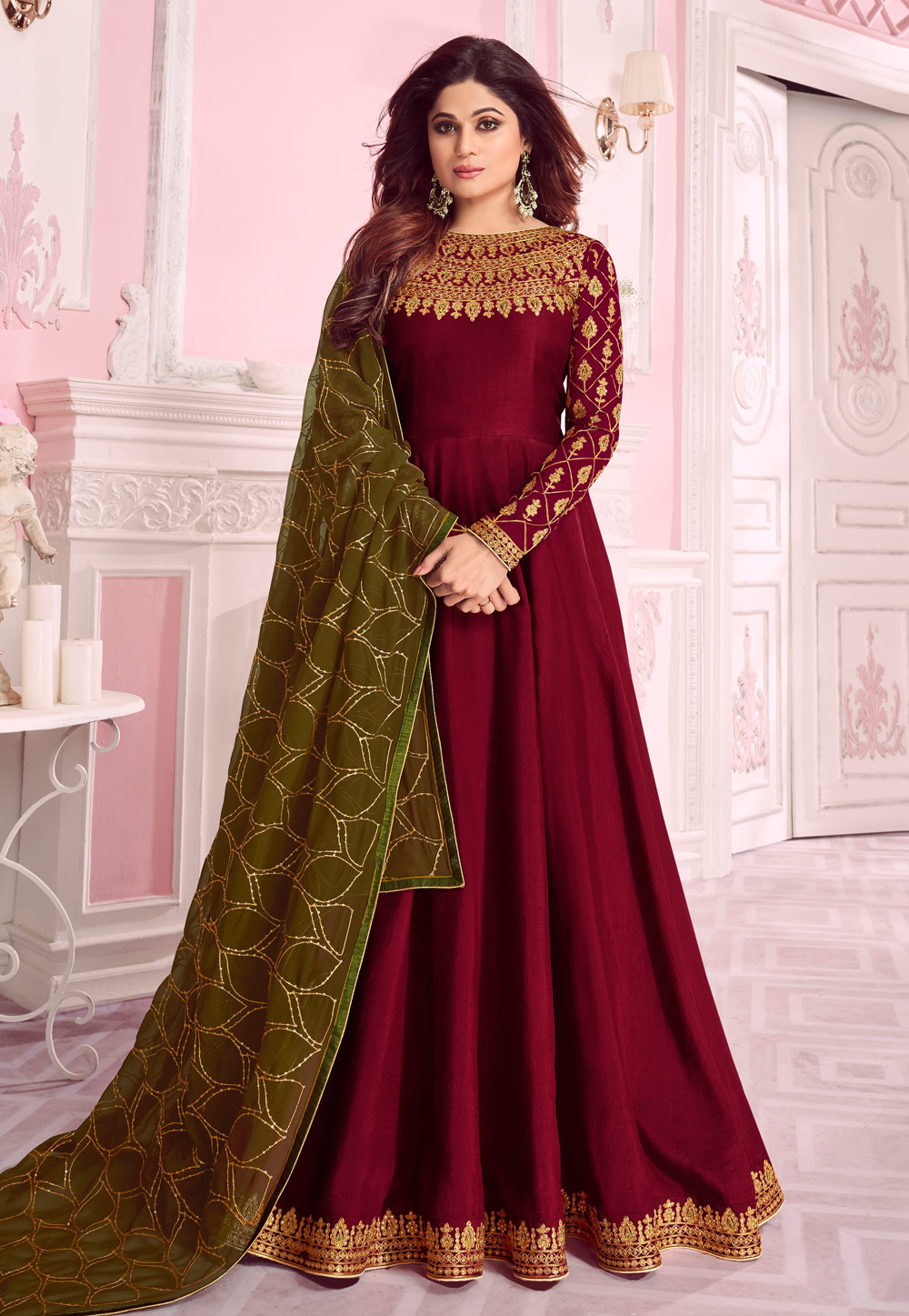Shamita Shetty Maroon Silk Embroidered Floor Length Anarkali Suit 180075