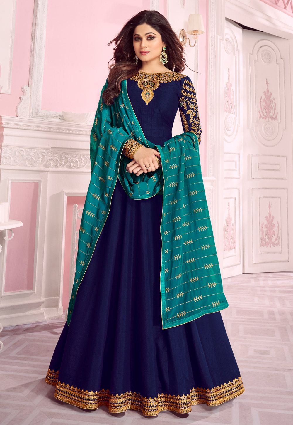 Shamita Shetty Navy Blue Silk Embroidered Abaya Style Anarkali Suit 180076