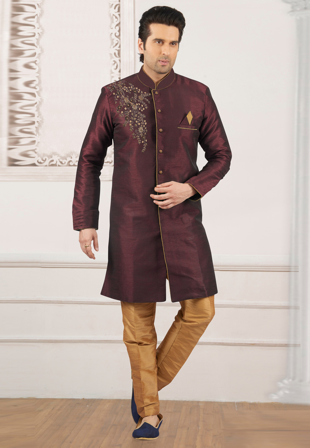 Maroon Dupion Silk Indo Western Suit 276220