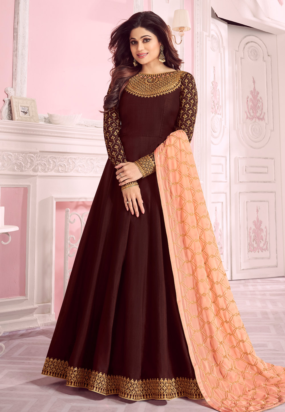 Shamita Shetty Brown Silk Embroidered Long Anarkali Suit 180077