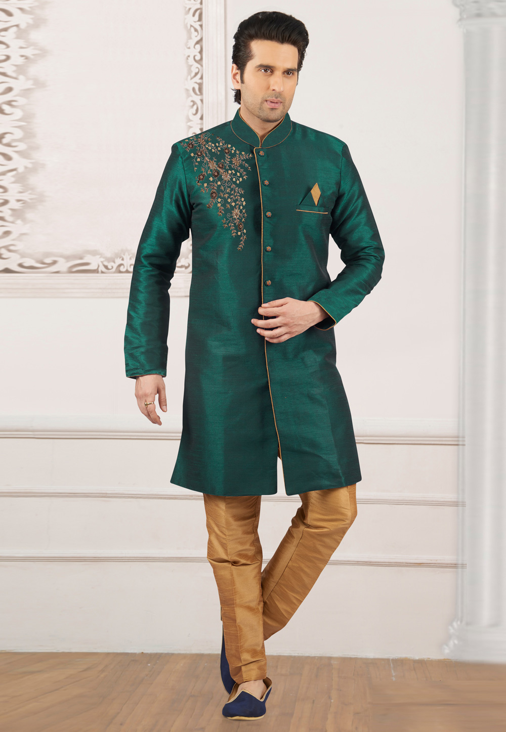 Green Dupion Silk Indo Western Suit 276222