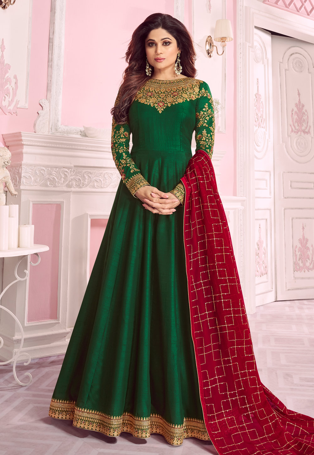 Shamita Shetty Green Silk Embroidered Bollywood Anarkali Suit 180079