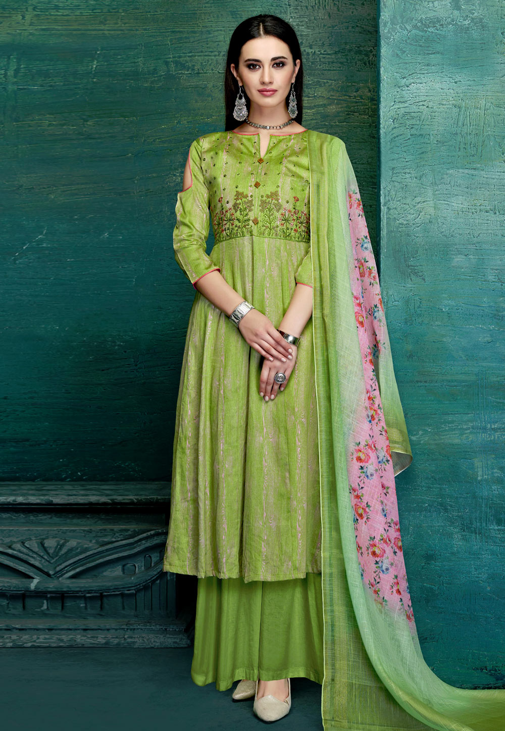 Green Satin Palazzo Style Suit 189135
