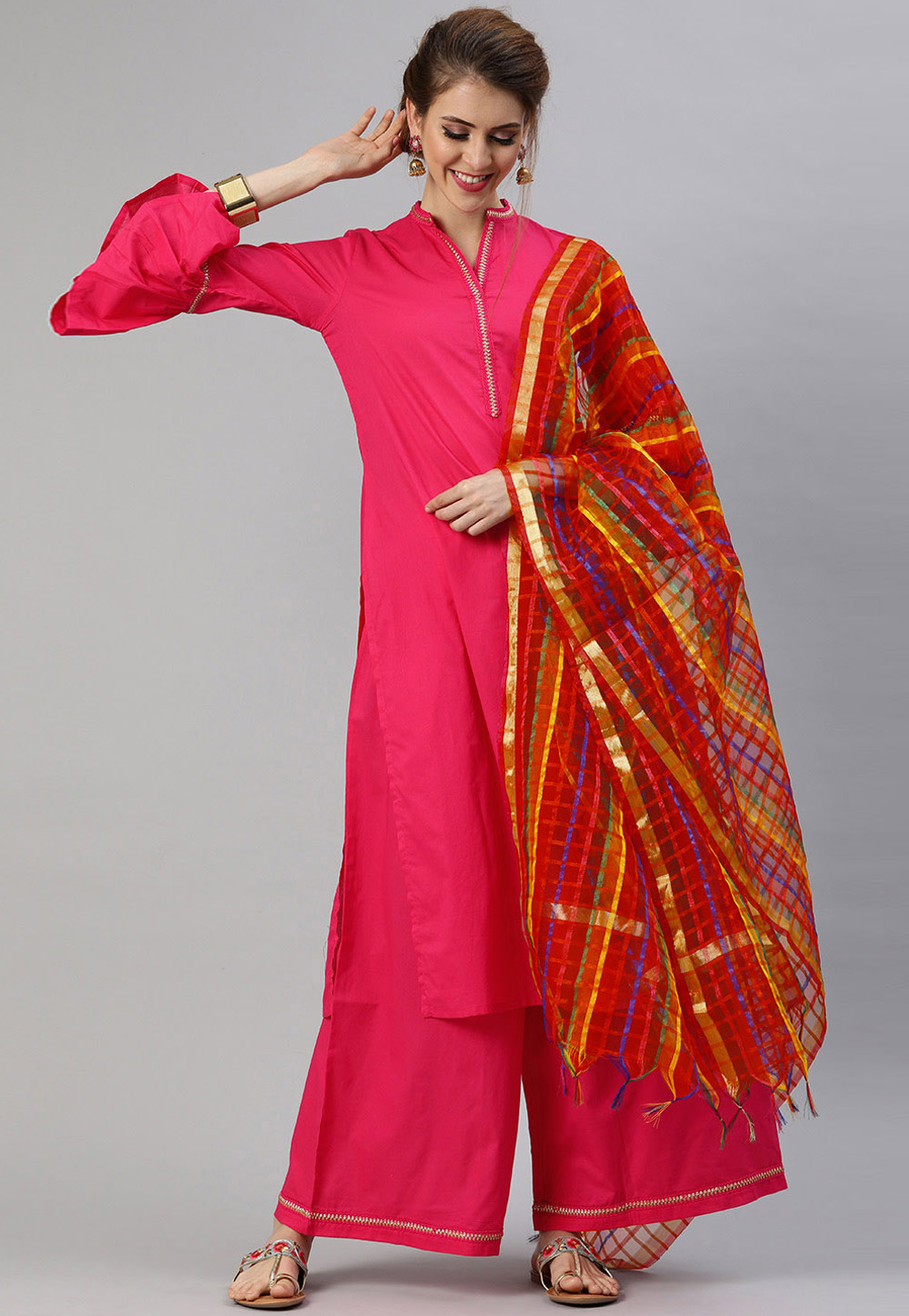 Pink Cotton Readymade Palazzo Suit 200061