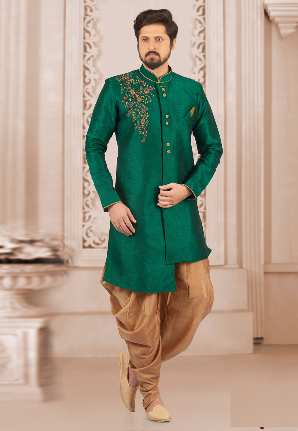Green Dupion Silk Indo Western Suit 276225