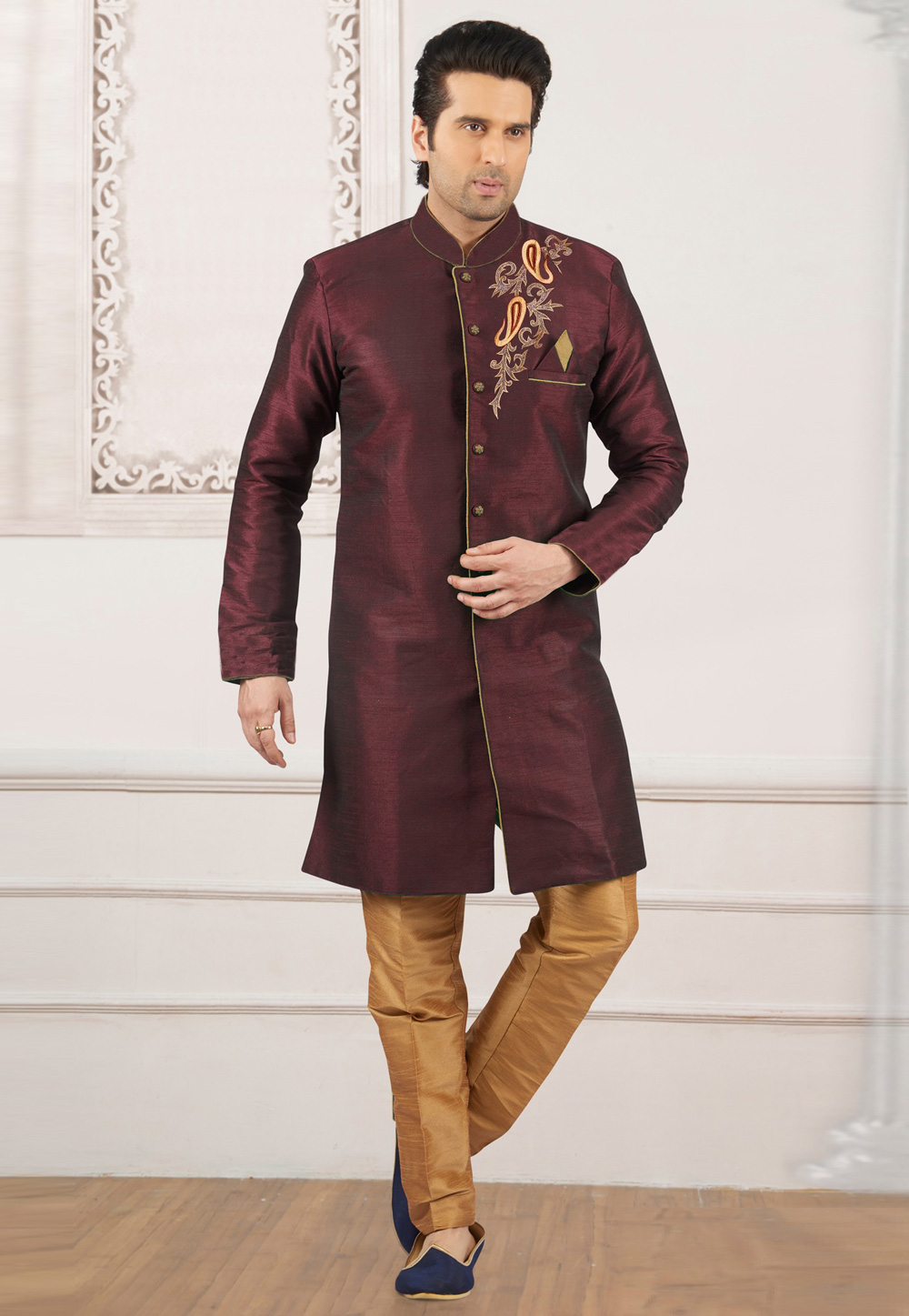 Maroon Dupion Silk Indo Western Suit 276228