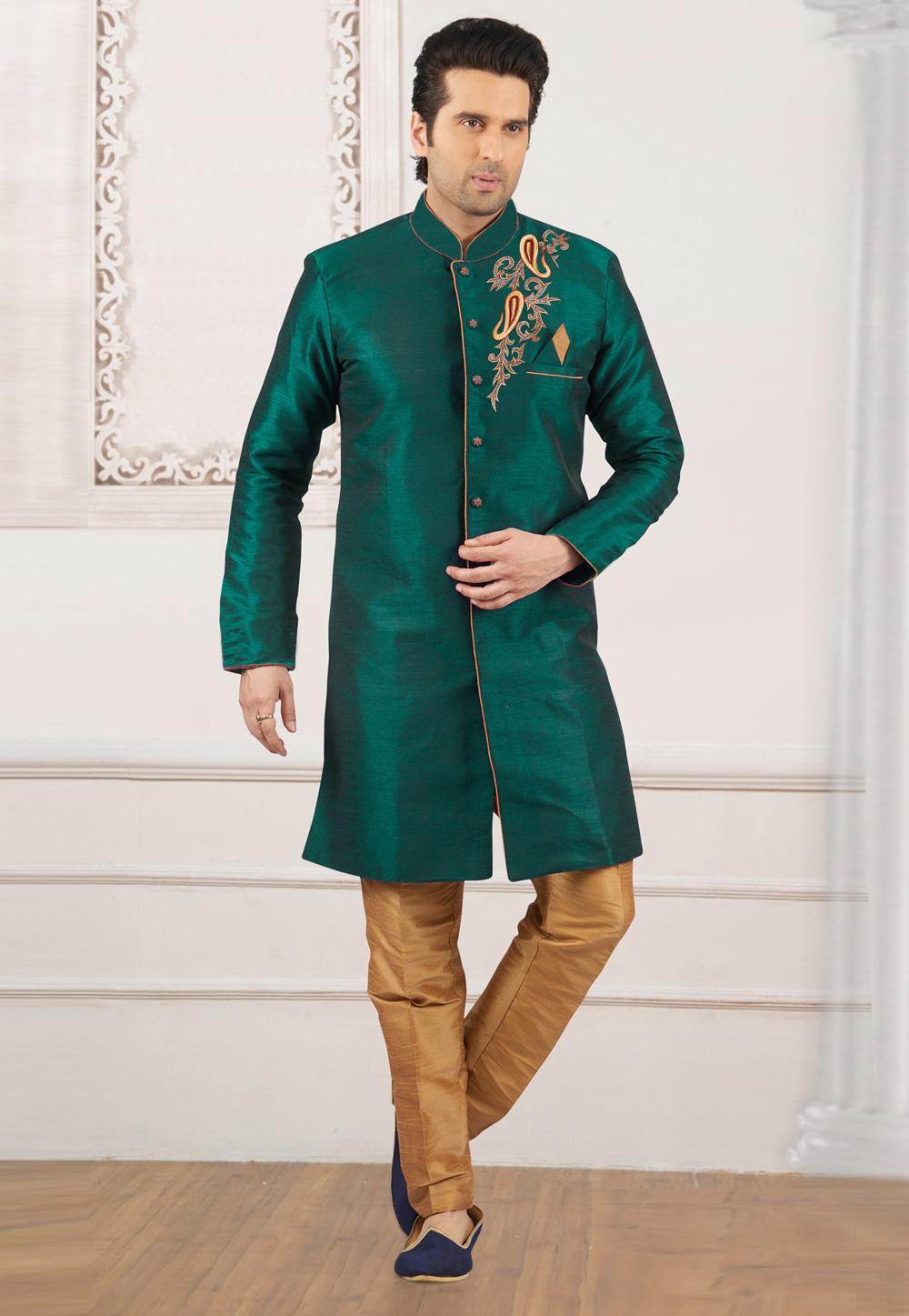 Green Dupion Silk Indo Western Suit 276230