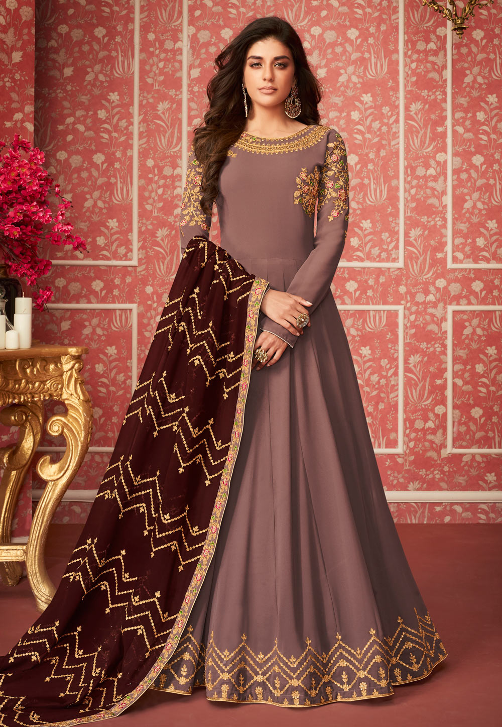 Brown Georgette Embroidered Abaya Style Anarkali Suit 181909