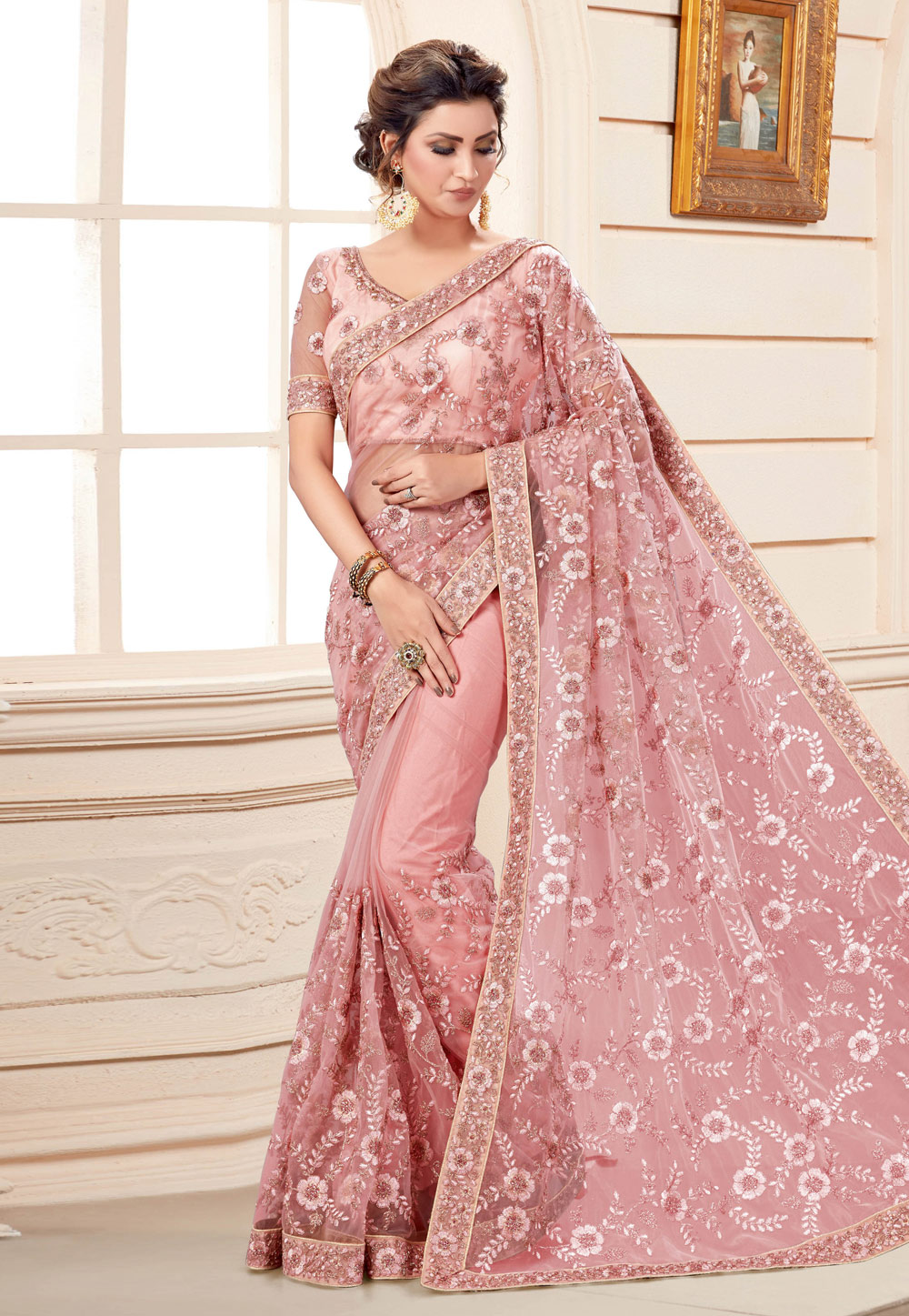 Pink Net Saree With Blouse 189520