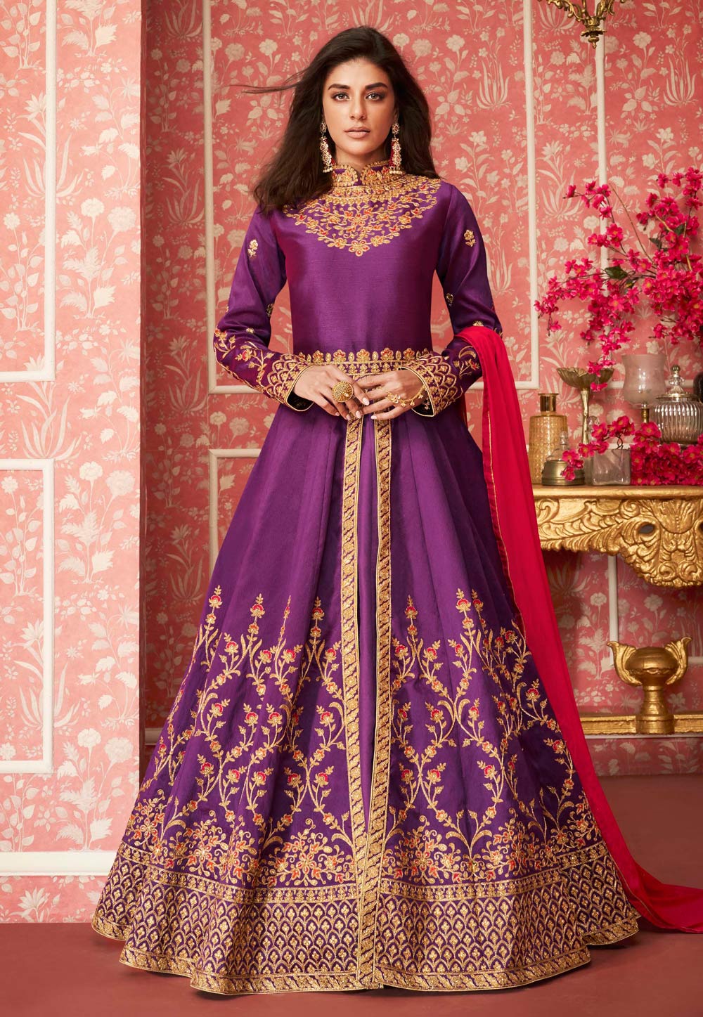 Purple Silk Embroidered Center Slit Anarkali Suit 184124