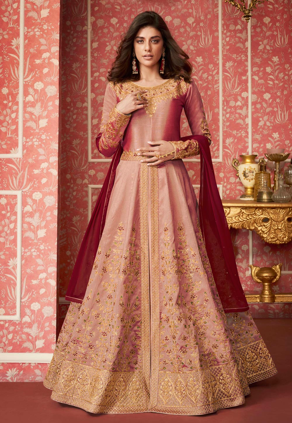 Peach Silk Embroidered Long Anarkali Suit 184125