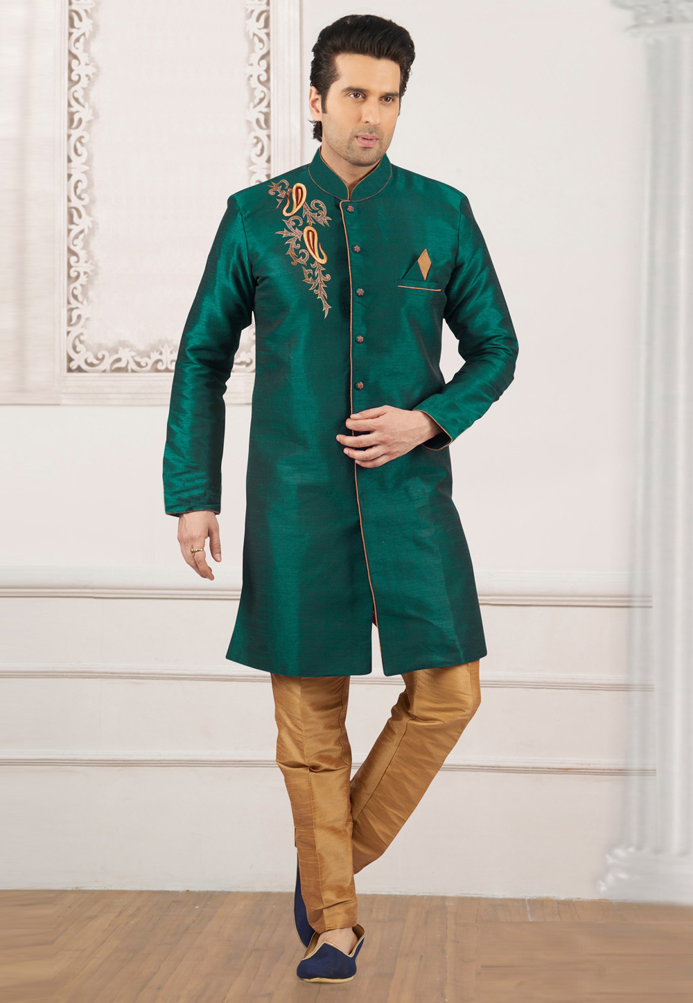 Green Dupion Silk Indo Western Suit 276236