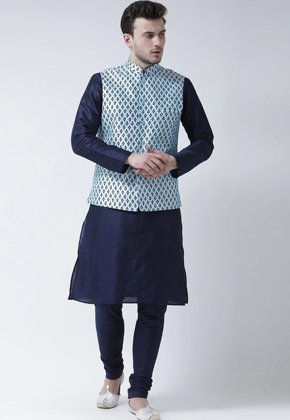 Navy Blue Dupion Silk Kurta Pajama With Jacket 276494