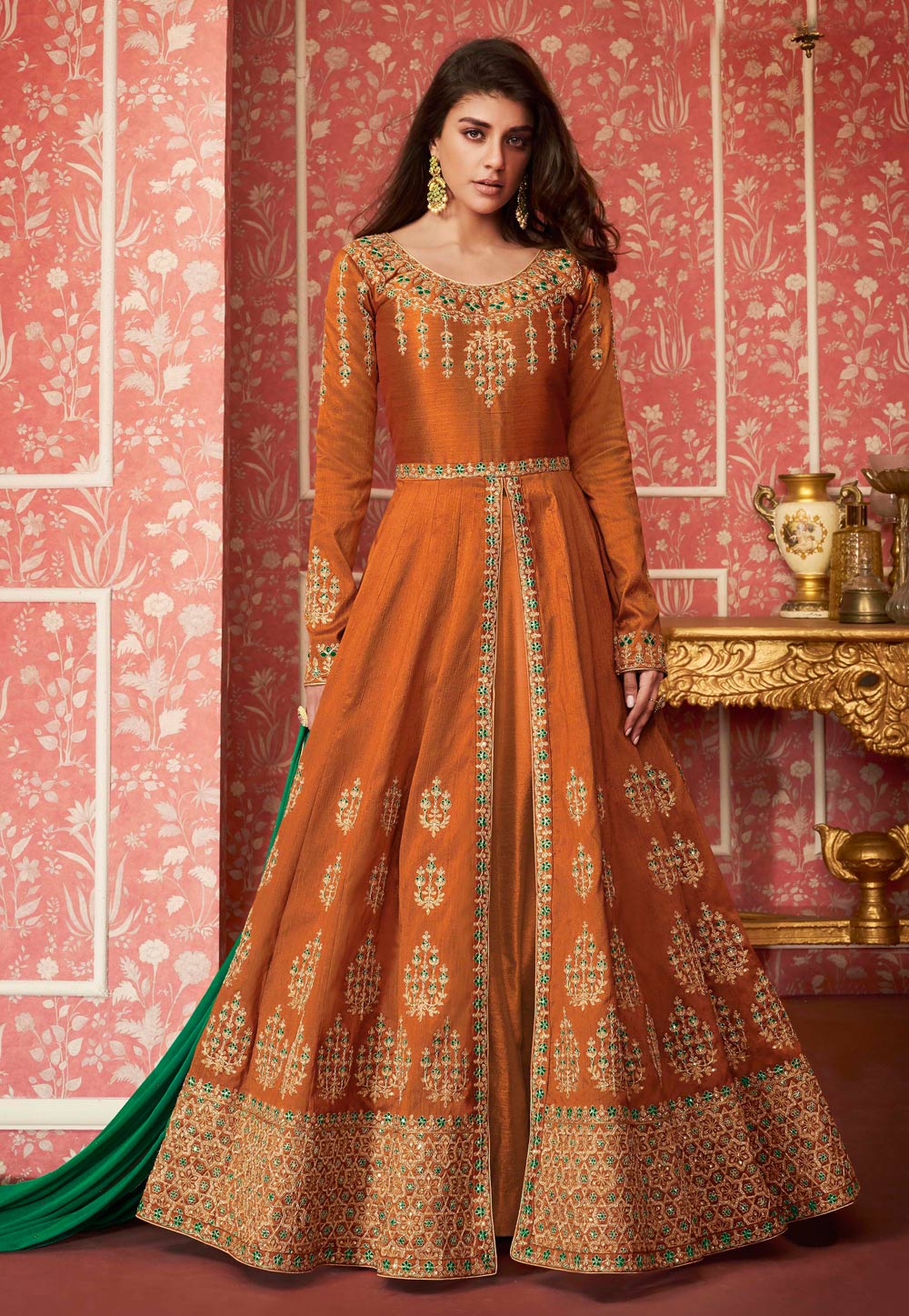 Orange Silk Embroidered Abaya Style Anarkali Suit 184129