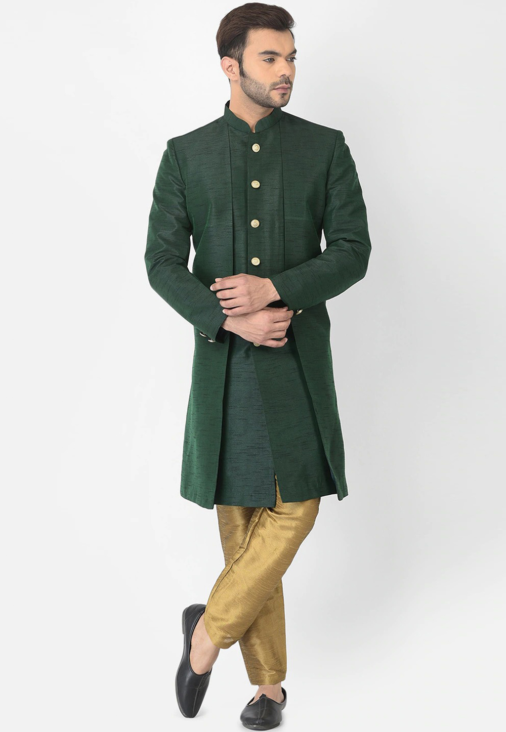 Green Dupion Silk Kurta Pajama With Jacket 276500